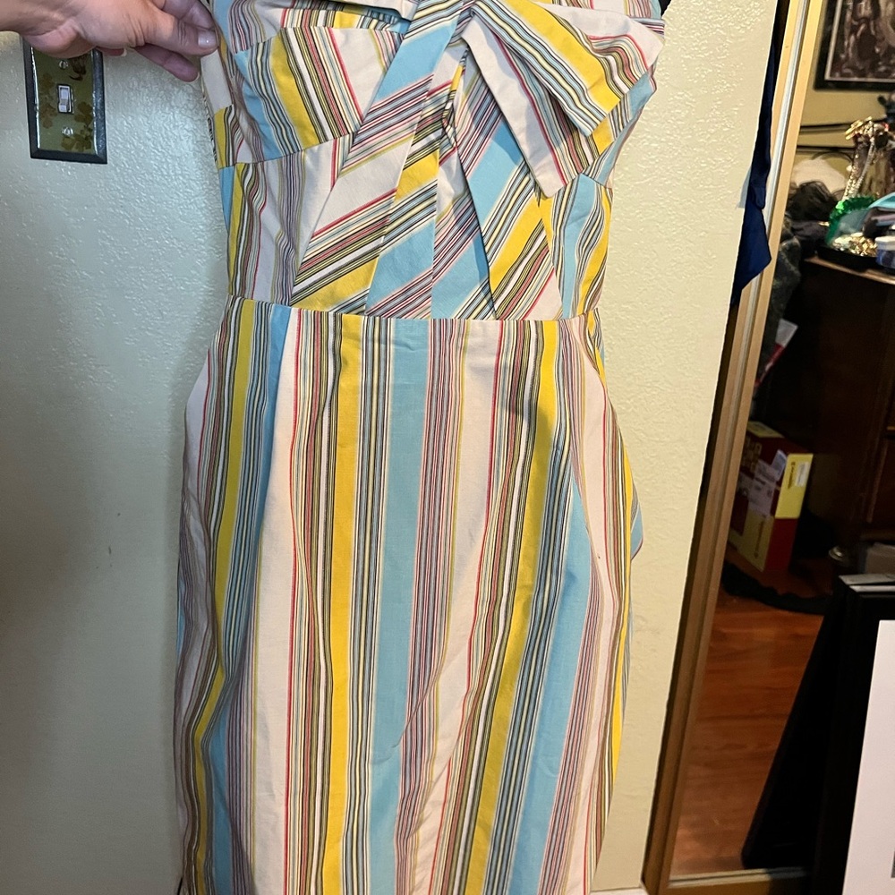 Moulinette Soeurs Anthropologie Strapless Dress in Yellow, Blue, and Red Stripes